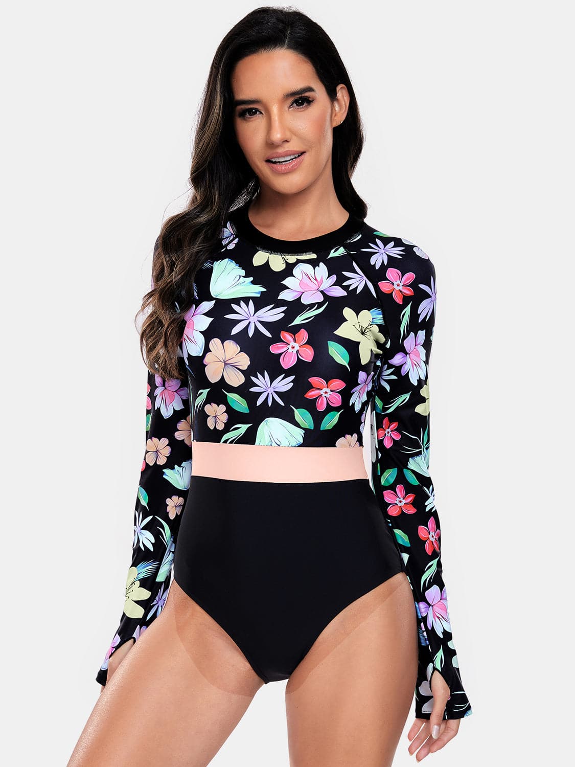 Flower Round Neck Long Sleeve One-Piece Swimwear.