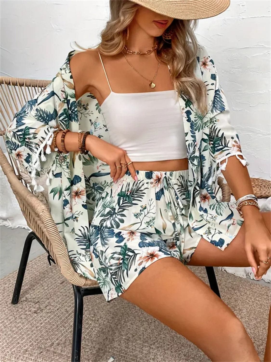 Tassel-Trimmed Printed Top and Shorts Ensemble