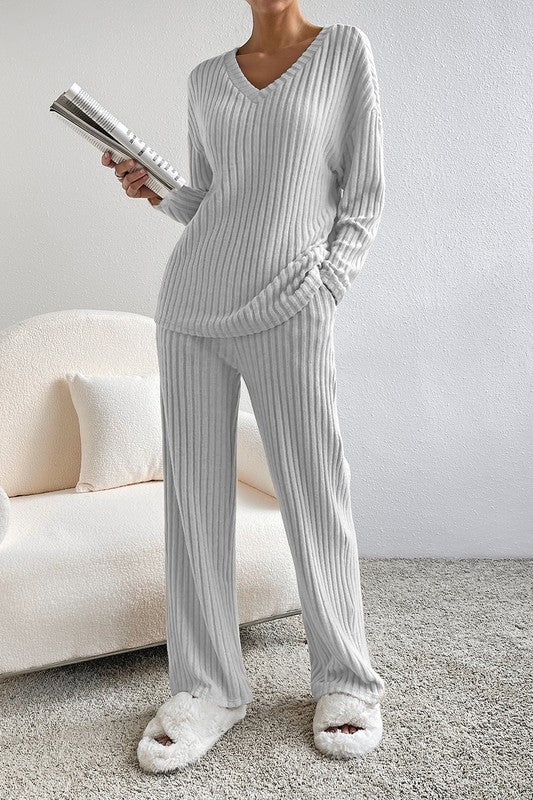 Women Ribbed Knit V Neck Slouchy Two-piece Outfit