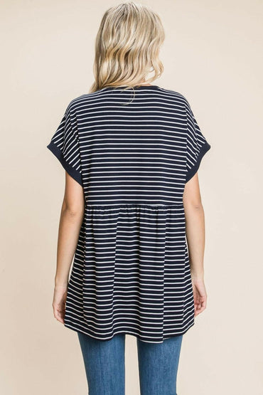 Cotton Bleu by Nu Label Striped Button Front Baby Doll TopCotton Bleu by Nu Label Striped Button Front Baby Doll Top
 Elevate your wardrobe with the Cotton Bleu Striped Button Front Baby Doll Top, where classic charm meets Love Salve Nu Label Striped Button Front Baby Doll Topjust arrived