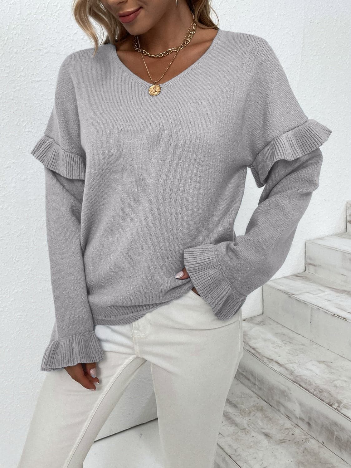 Ruffled V-Neck Dropped Shoulder Sweater.