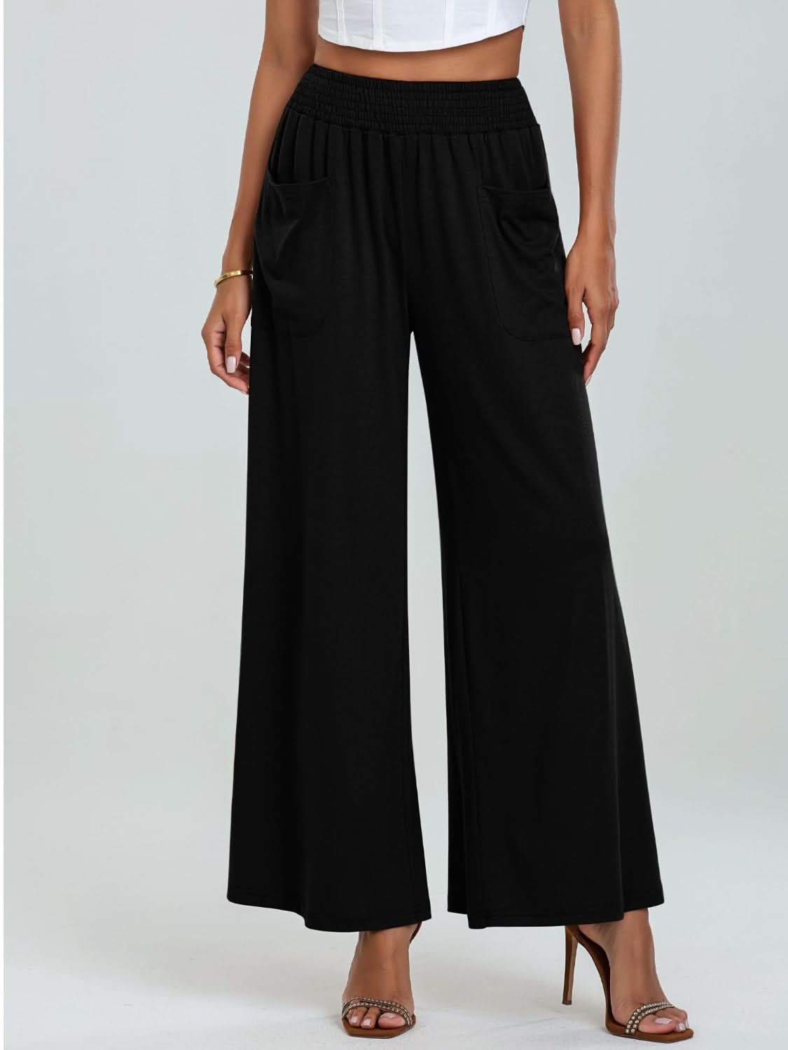 Wide Leg Pants with Pocketed Elastic Waistband