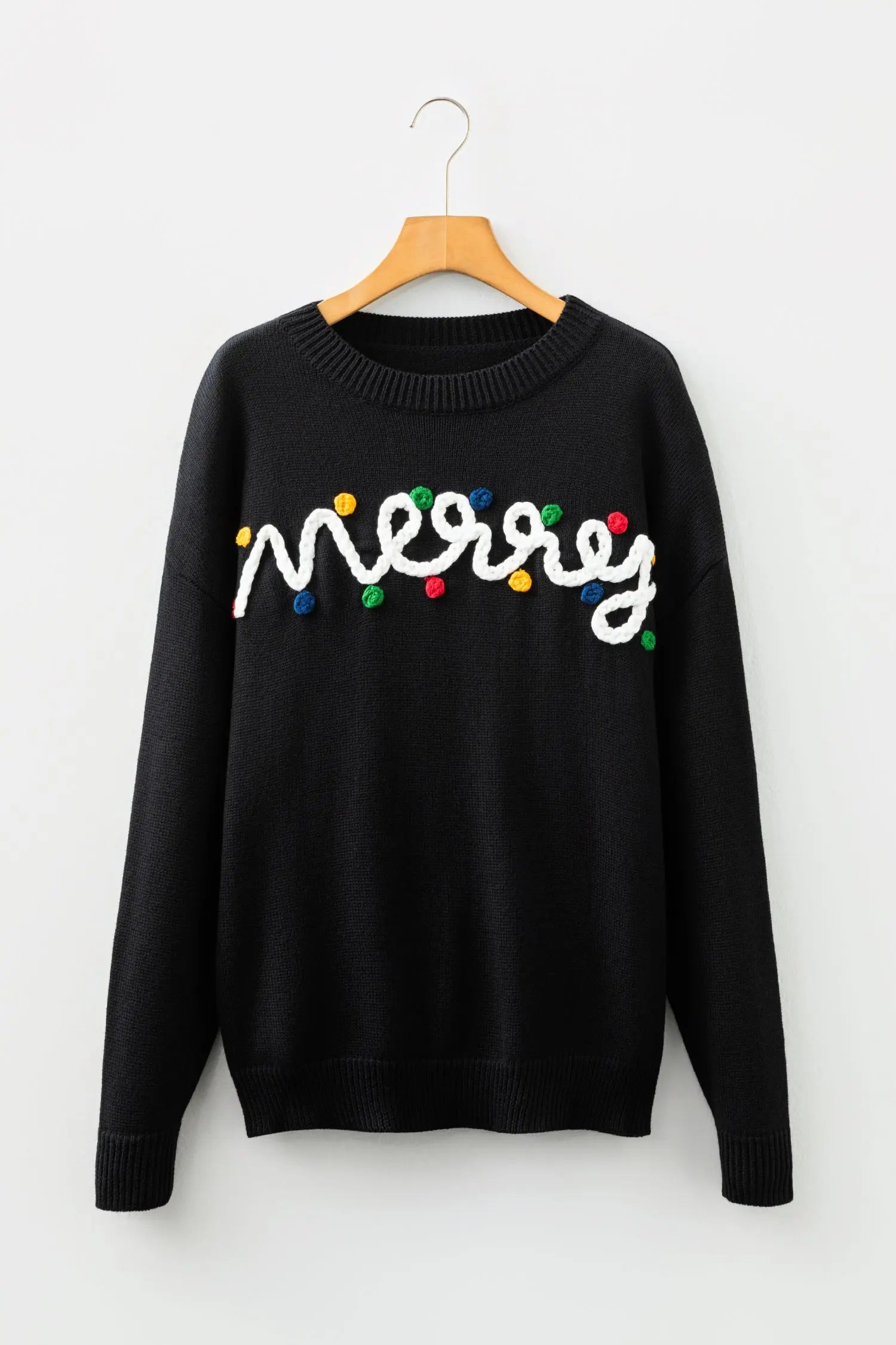 Black Merry Christmas Sweater With Colorful Dot Detail And Drop Shoulder Dear-Lover Dropshipping