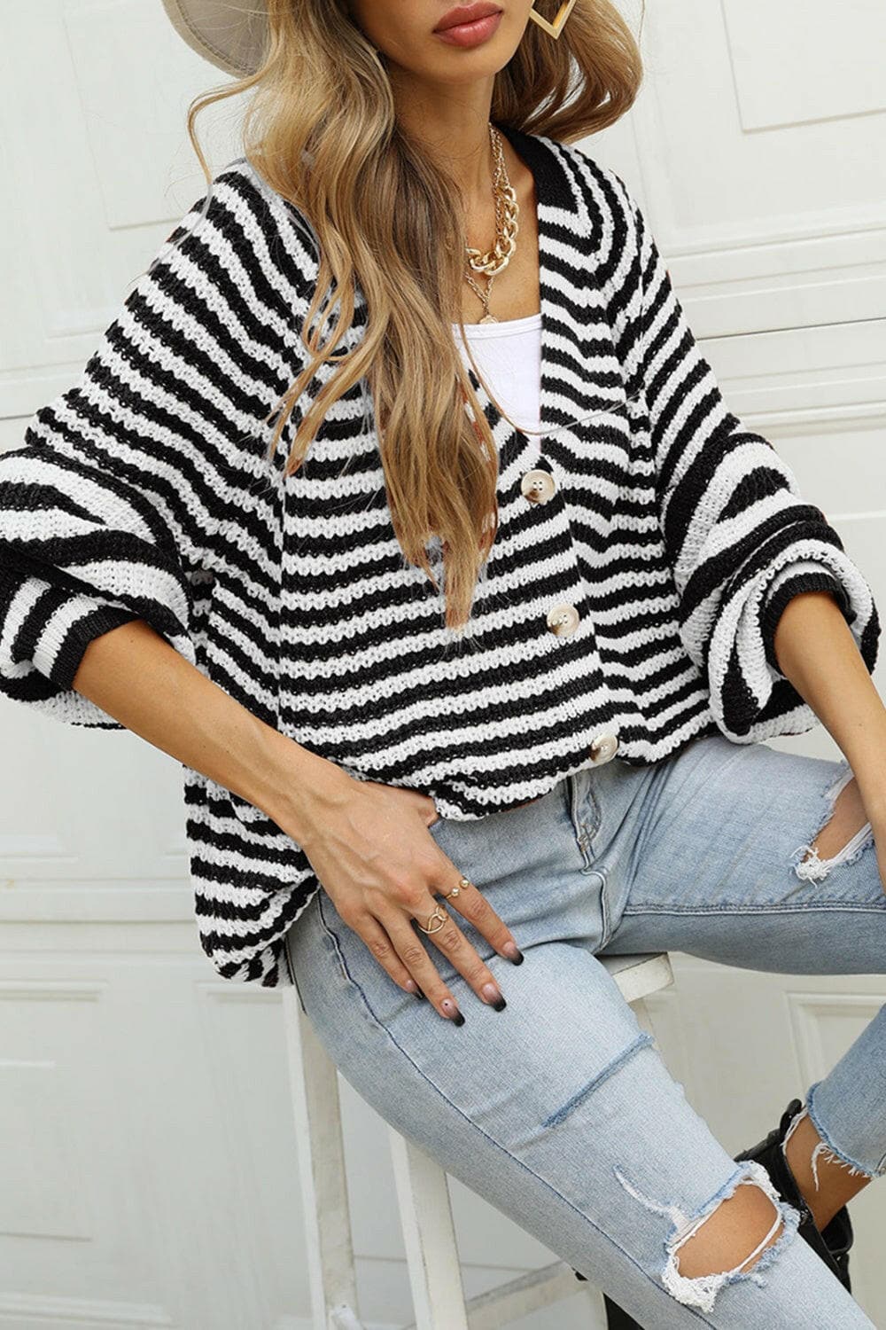 Striped Button Up Long Sleeve Cardigan.