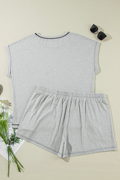 Chic gray cuffed sleeve plus size shorts set with contrast stitching