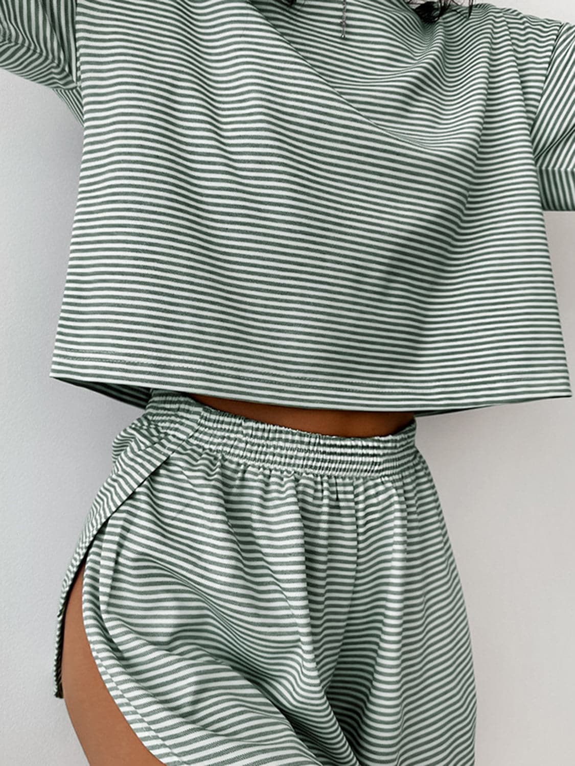 Striped Round Neck Top and Shorts Set.