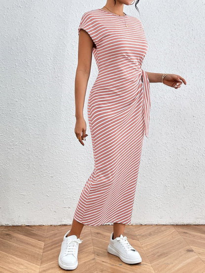 Tied Striped Round Neck Short Sleeve Tee Dress.