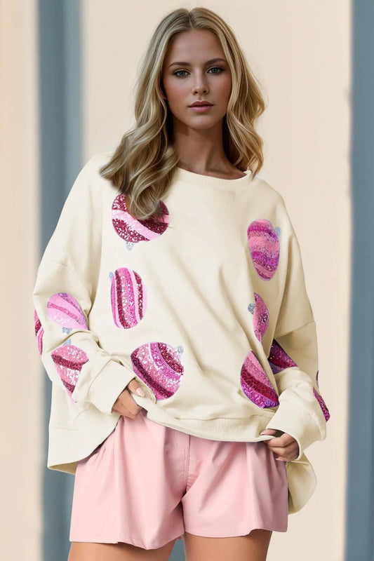 Double Take Sequin Round Neck Long Sleeve Sweatshirt - Love Salve