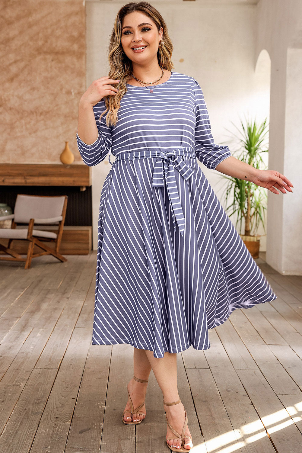 Chic gray striped plus size dress with tie waist and 3/4 sleeves