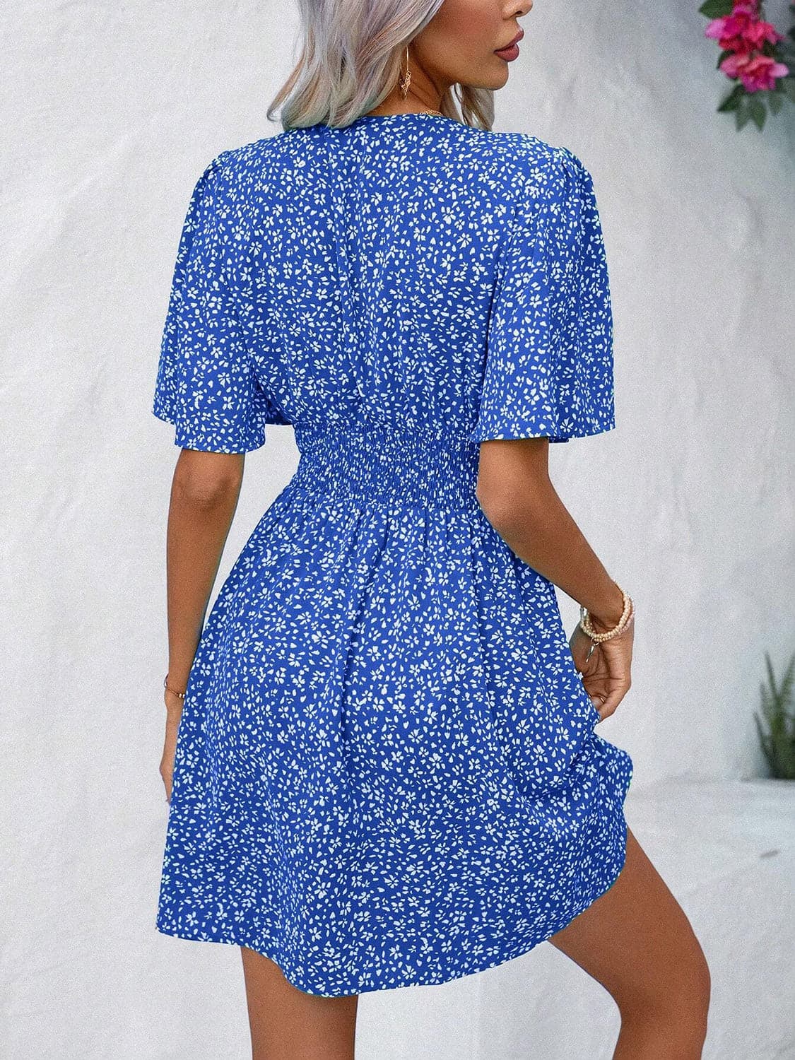 Printed V-Neck Half Sleeve Mini Dress.