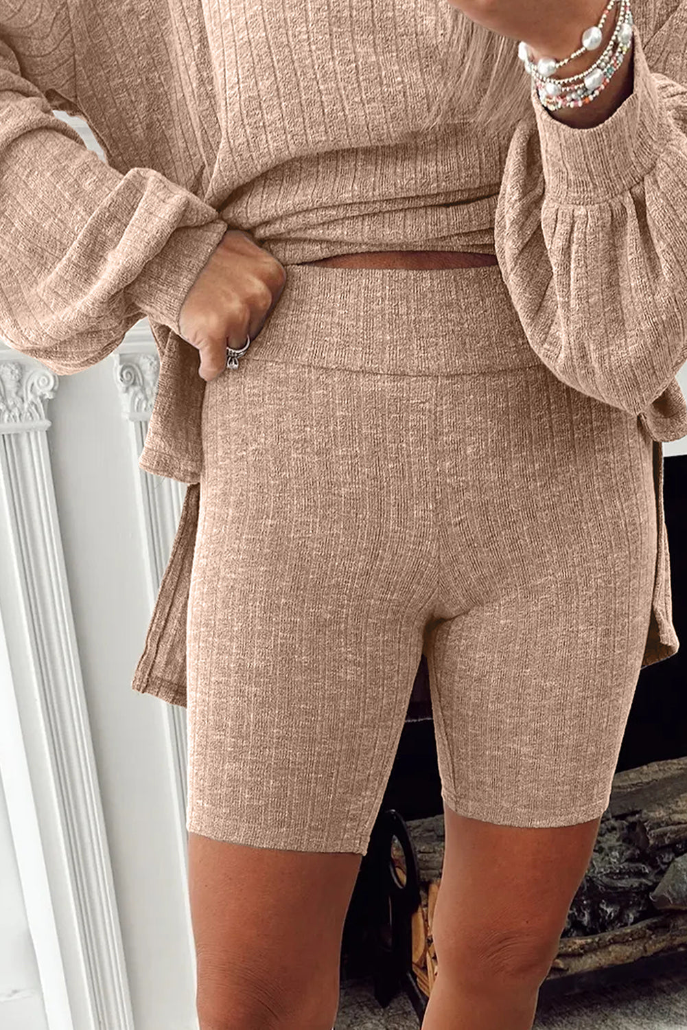 Dark Khaki Ribbed Balloon Sleeve Pullover Top and Biker Knitted Short Set Dear-Lover Dropshipping