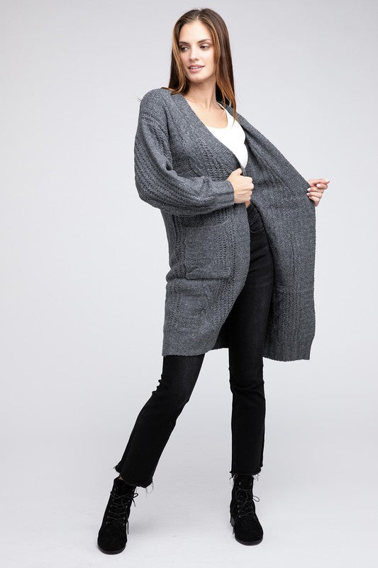 Twisted texture open front cardigan with pockets