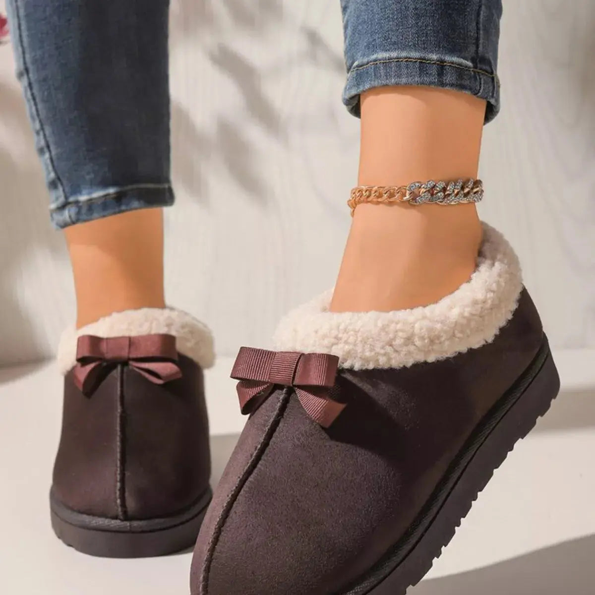 Cozy Bowknot Plush Lined Slip-Ons Simply Love