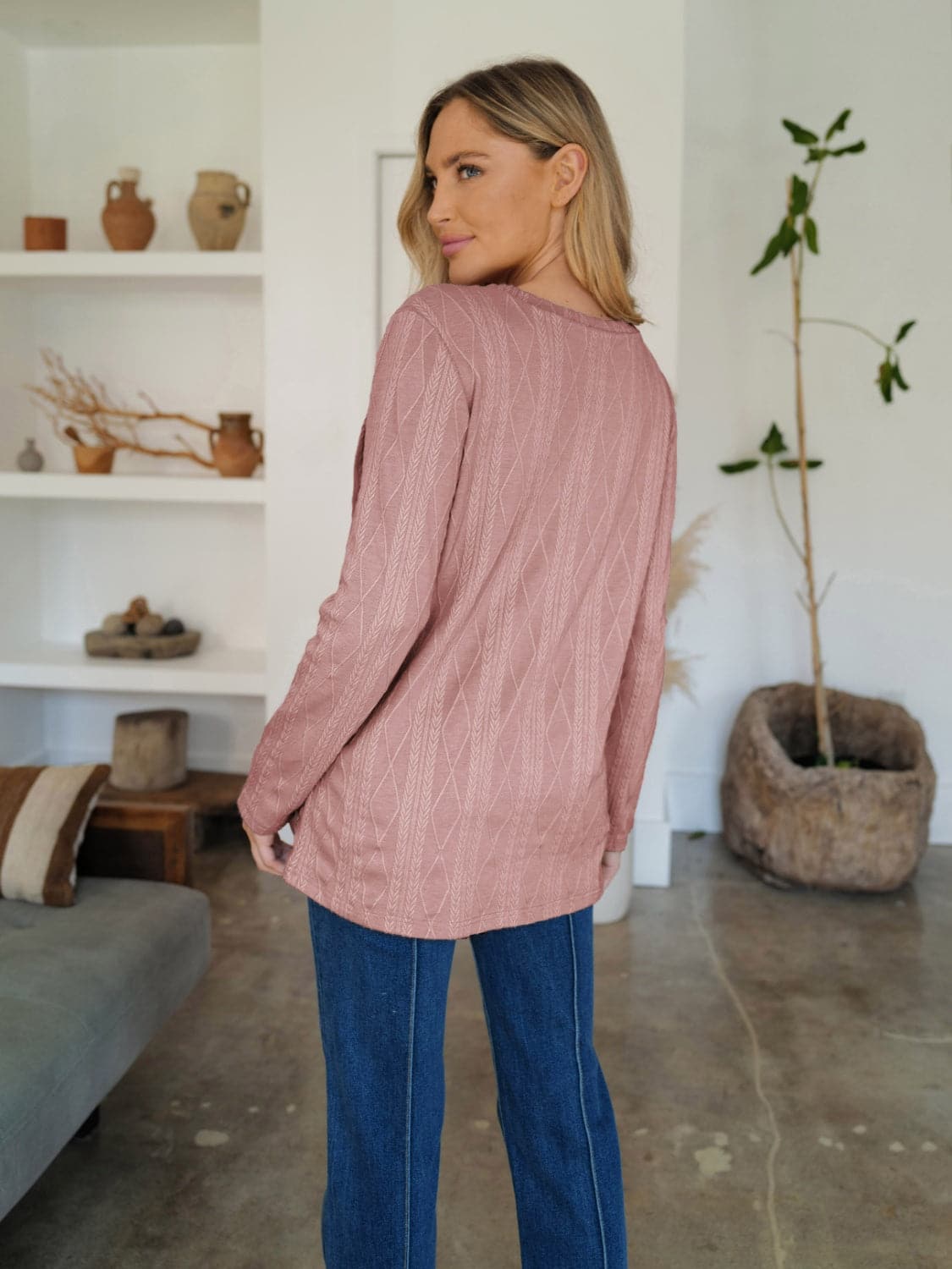 Slit Round Neck Long Sleeve T-Shirt.