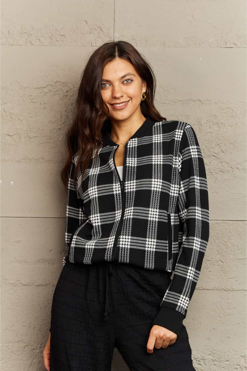 Ninexis Full Size Plaid Round Neck Long Sleeve Jacket.