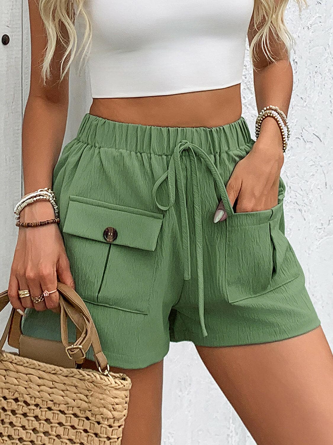 Tied Elastic Waist Shorts with Pockets.