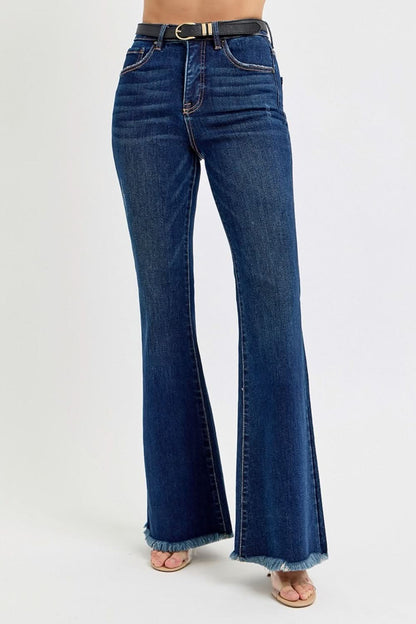 High-rise tummy control flare jeans with frayed hem and belt