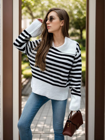 Striped Collared Neck Long Sleeve Sweater.