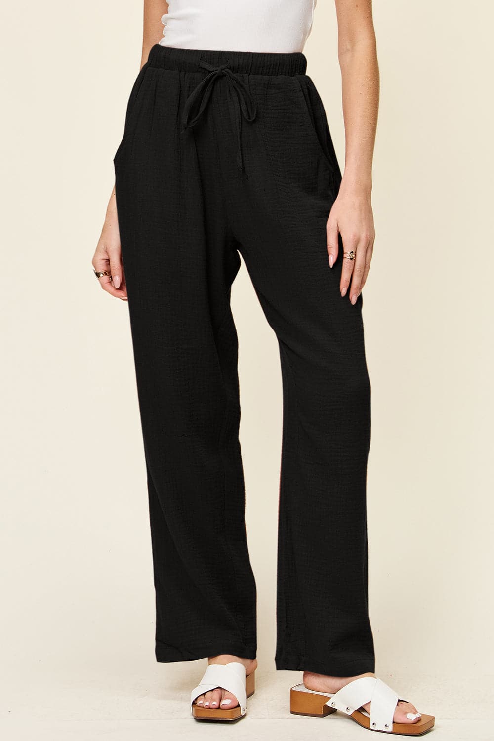 Double Take Full Size Texture Drawstring Straight Pants.