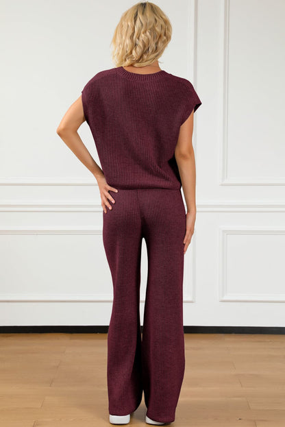 Pocketed V-Neck Top and Wide Leg Sweater Set.