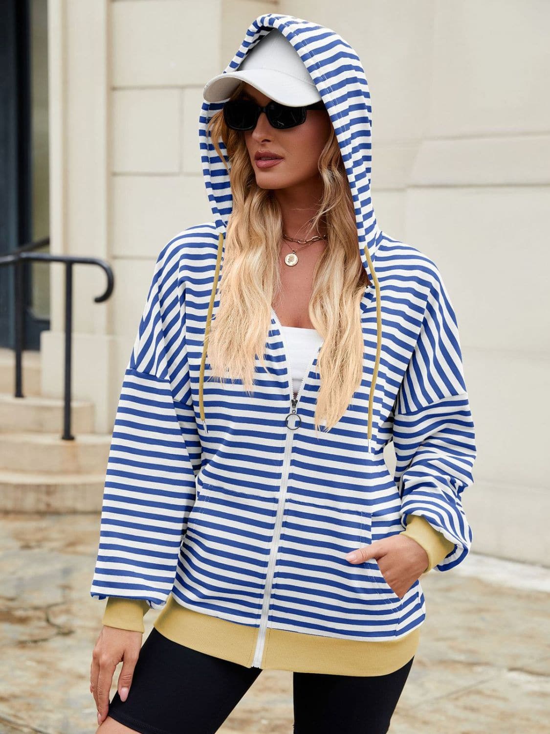 Stylish striped zip-up hoodie with drawstring hood