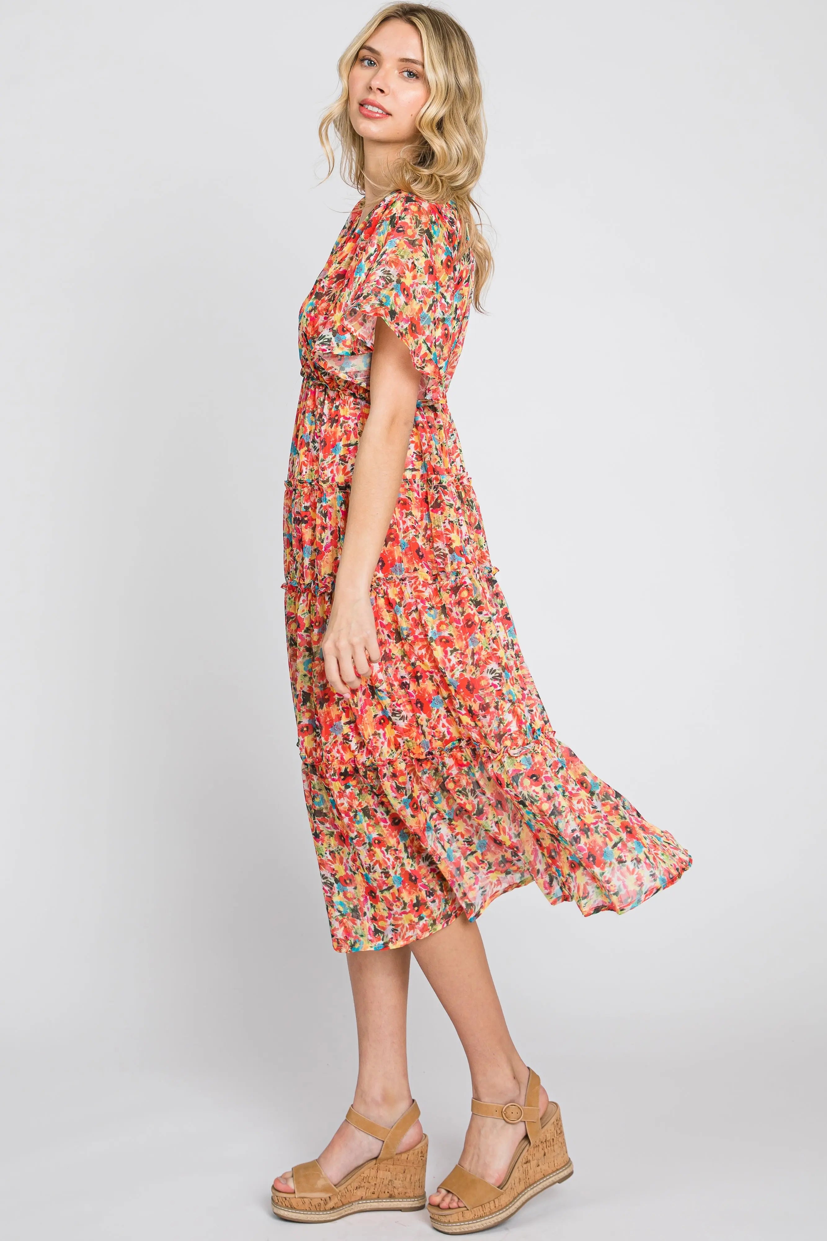 Orange Metallic Striped Chiffon Ruffle Tiered Midi Dress PinkBlush