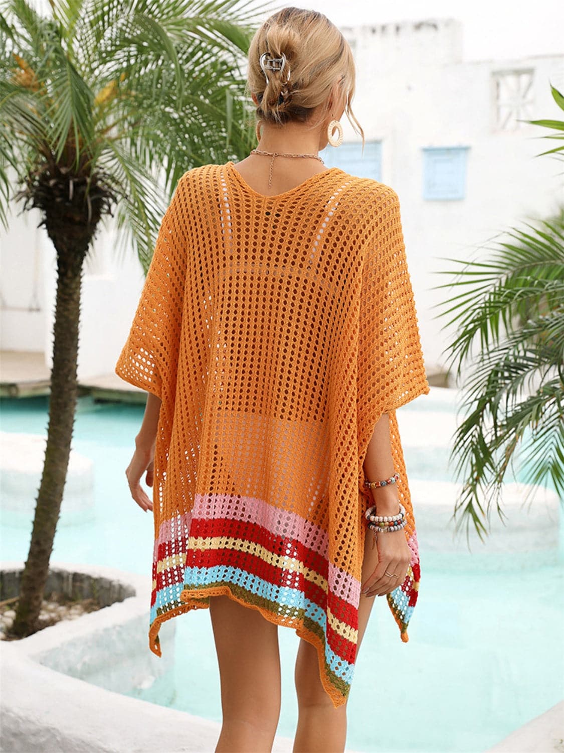 Slit Openwork V-Neck Half Sleeve Cover-Up.