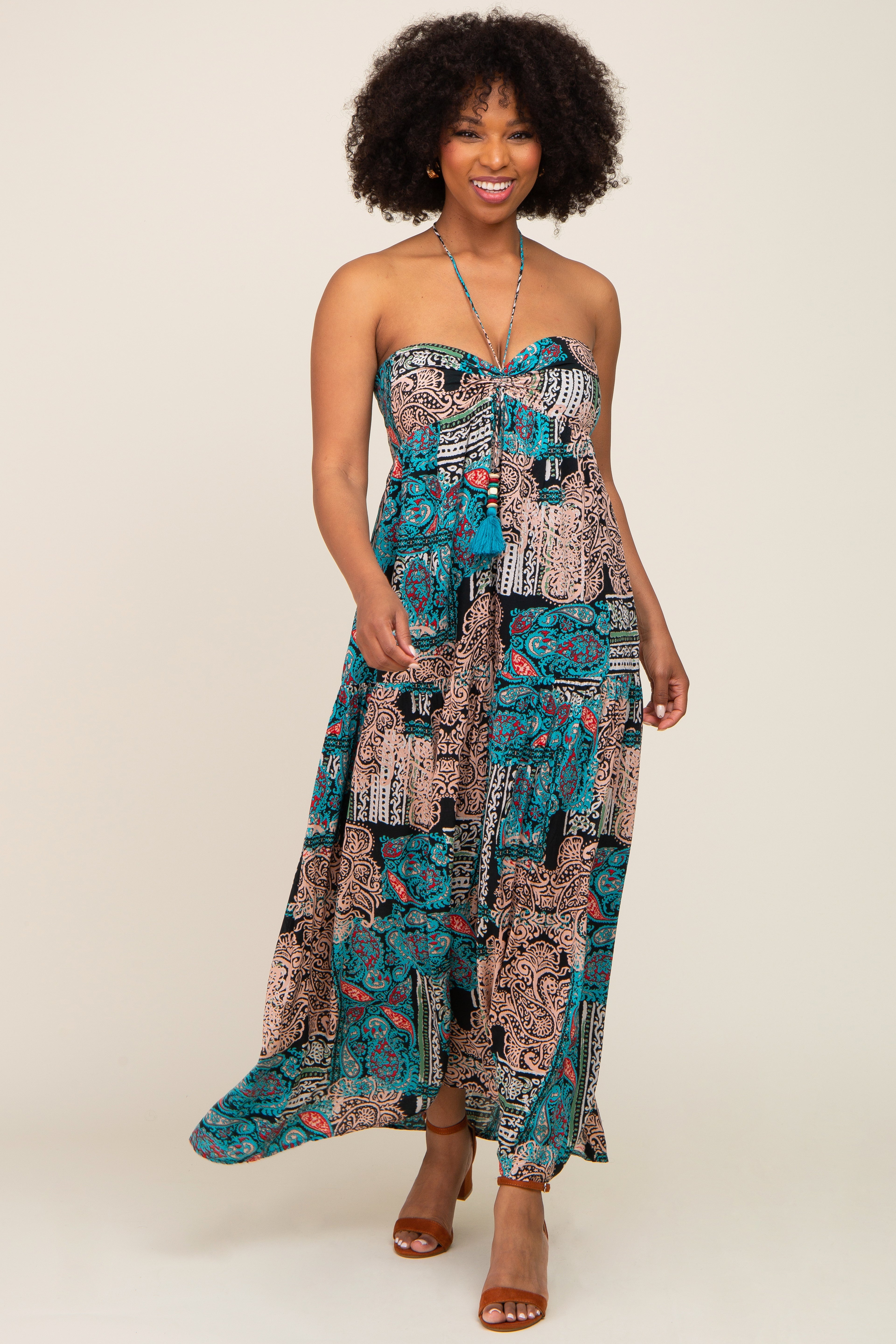 Teal Printed Halter Tassel Front Tie Maternity Maxi Dress PinkBlush