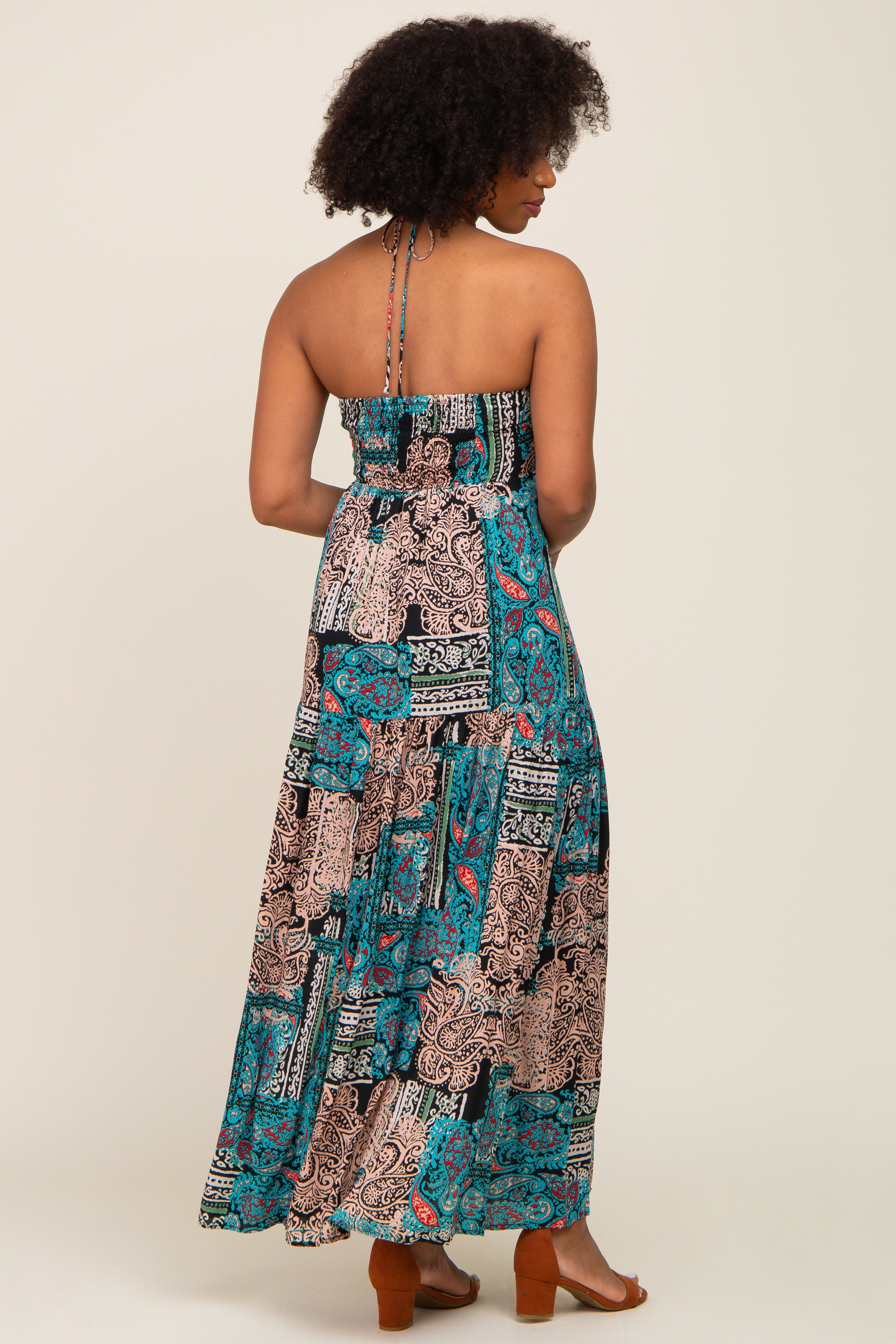 Teal Printed Halter Tassel Front Tie Maxi Dress PinkBlush
