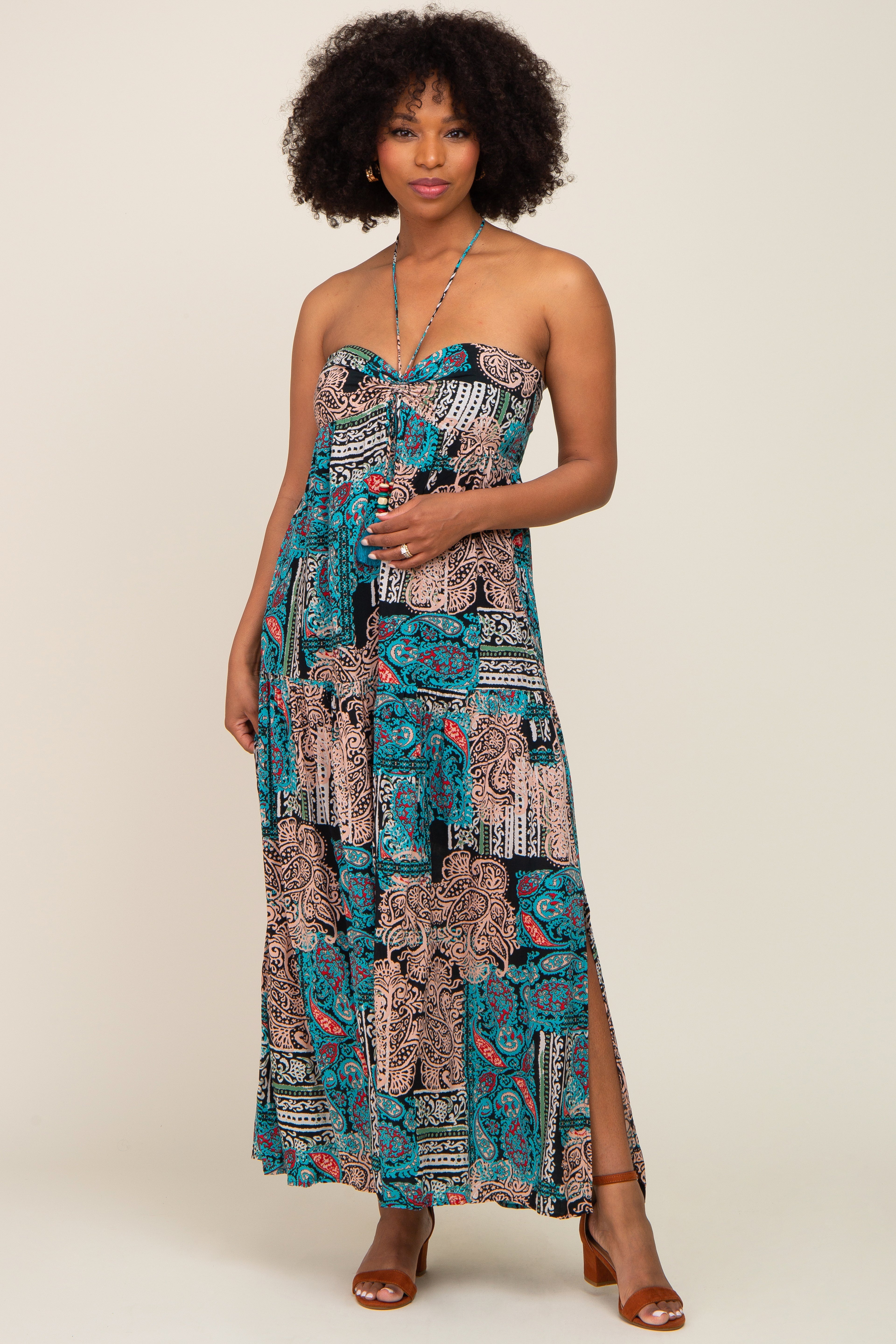 Teal Printed Halter Tassel Front Tie Maxi Dress PinkBlush