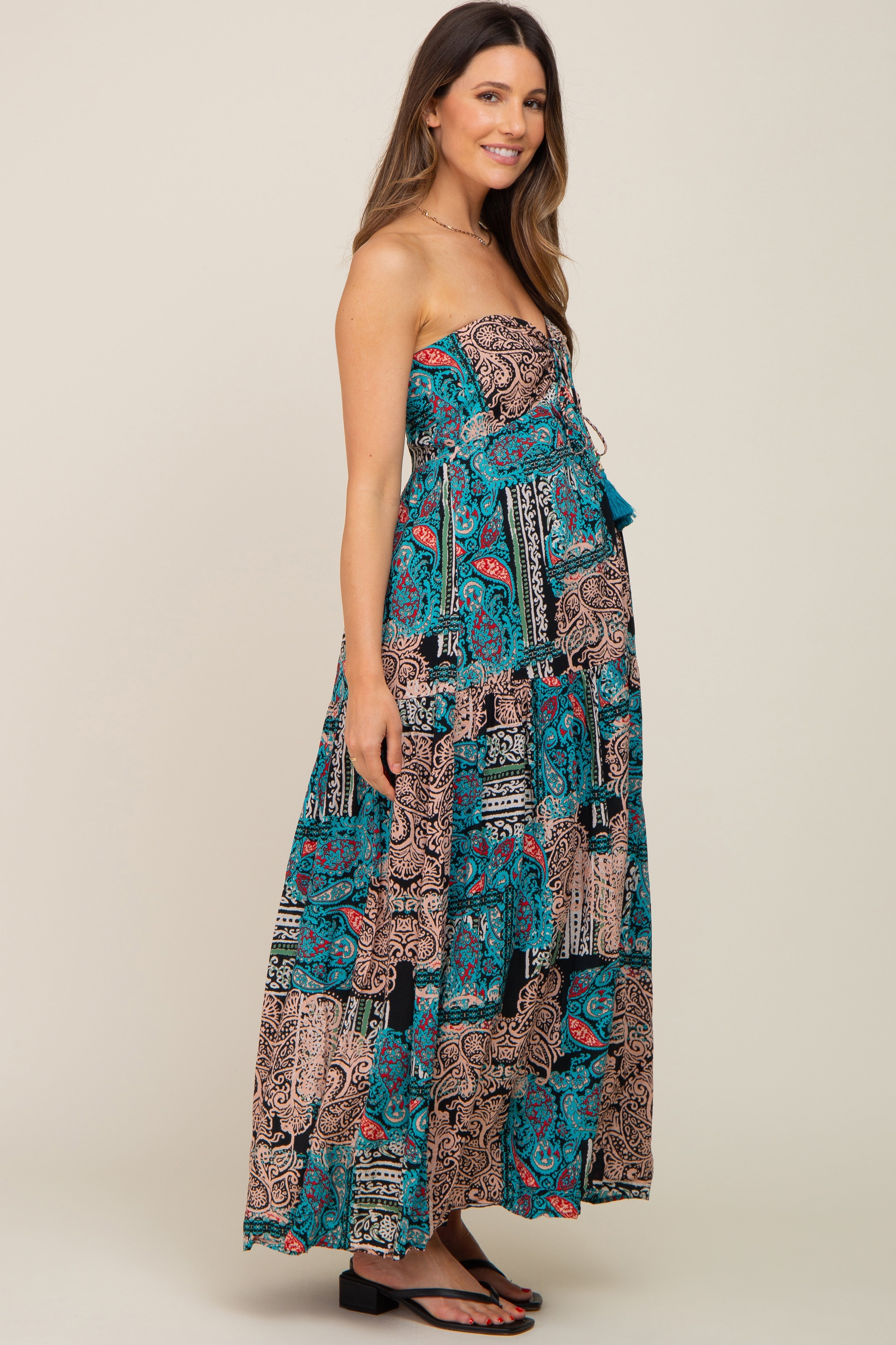 Teal Printed Halter Tassel Front Tie Maternity Maxi Dress PinkBlush