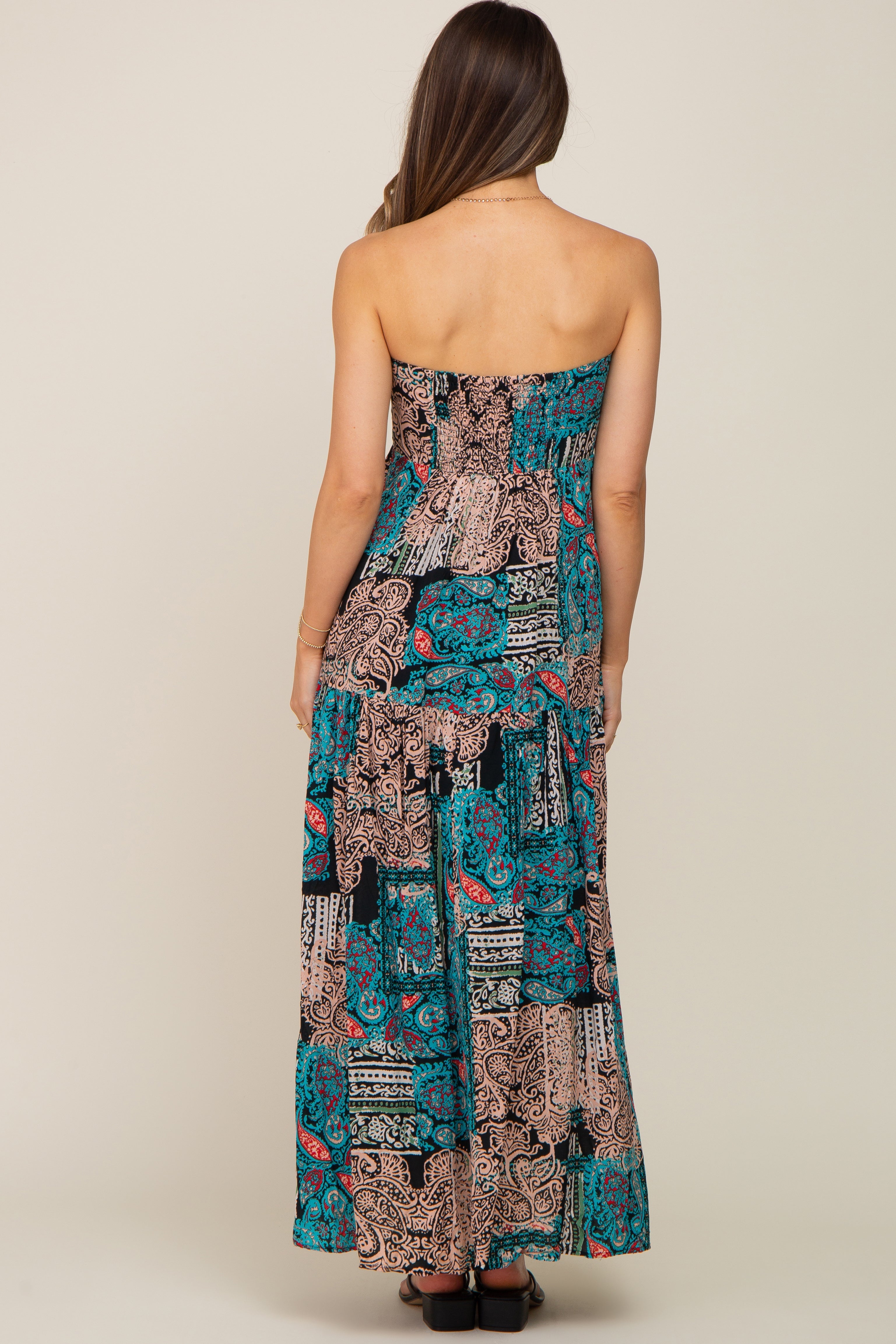 Teal Printed Halter Tassel Front Tie Maternity Maxi Dress PinkBlush