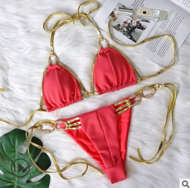 Golden Bandage Sexy Halter Bikini Crystal Diamond Swimsuit Bella Mia