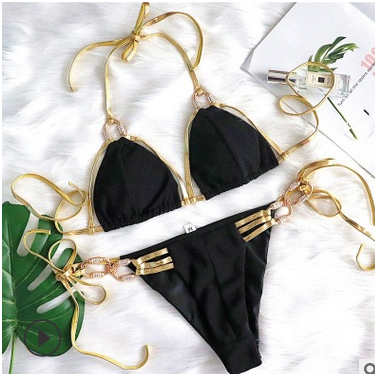 Golden Bandage Sexy Halter Bikini Crystal Diamond Swimsuit Bella Mia