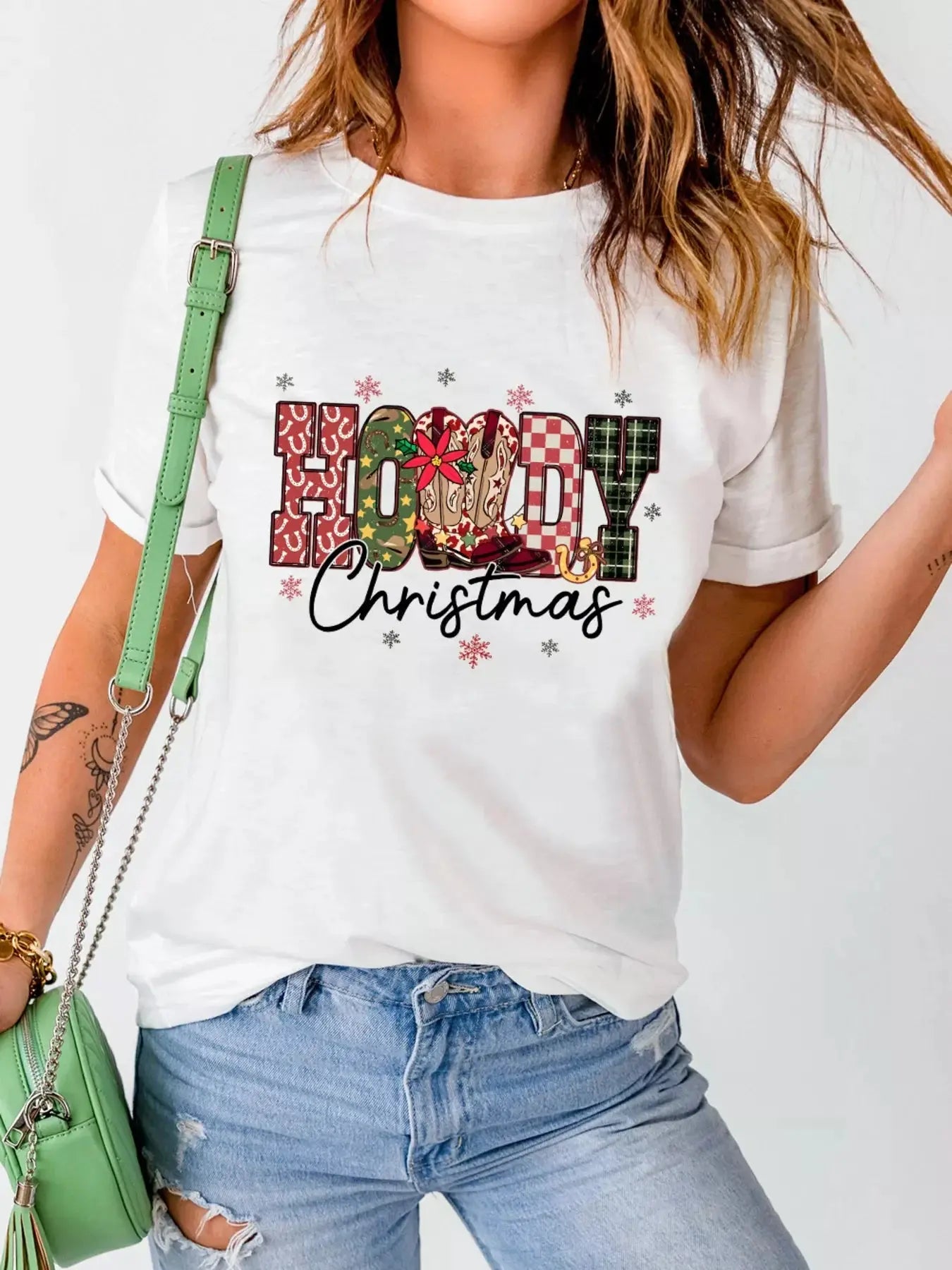 HOWDY Christmas Festive Letter Printed Crew Neck T Shirt Simply Love