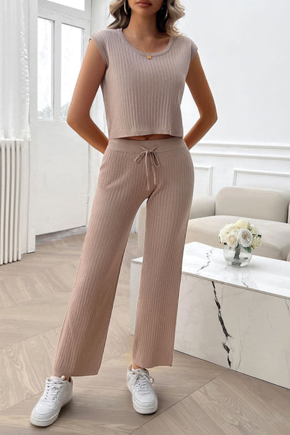 Ribbed Round Neck Top and Pants Set.