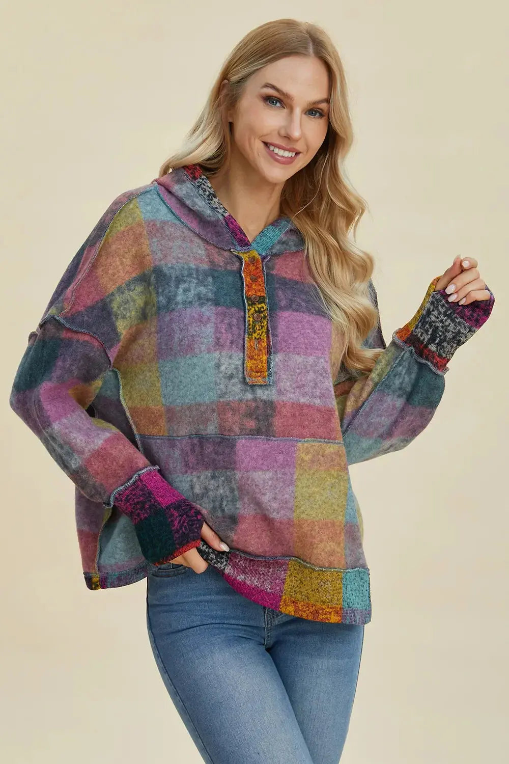 Double Take Full Size Plaid Dropped Shoulder Fleece Hoodie - Love Salve