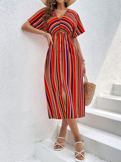 Slit Striped V-Neck Short Sleeve Midi Dress.