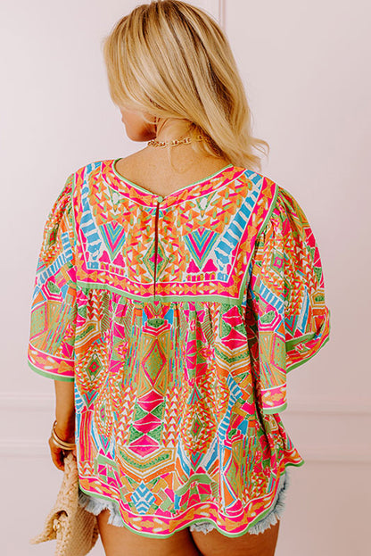 Chic green printed plus size blouse with wide sleeves