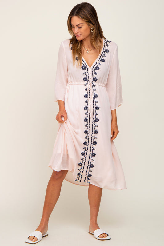 Light Pink Floral Embroidered 3/4 Sleeve Midi Dress PinkBlush