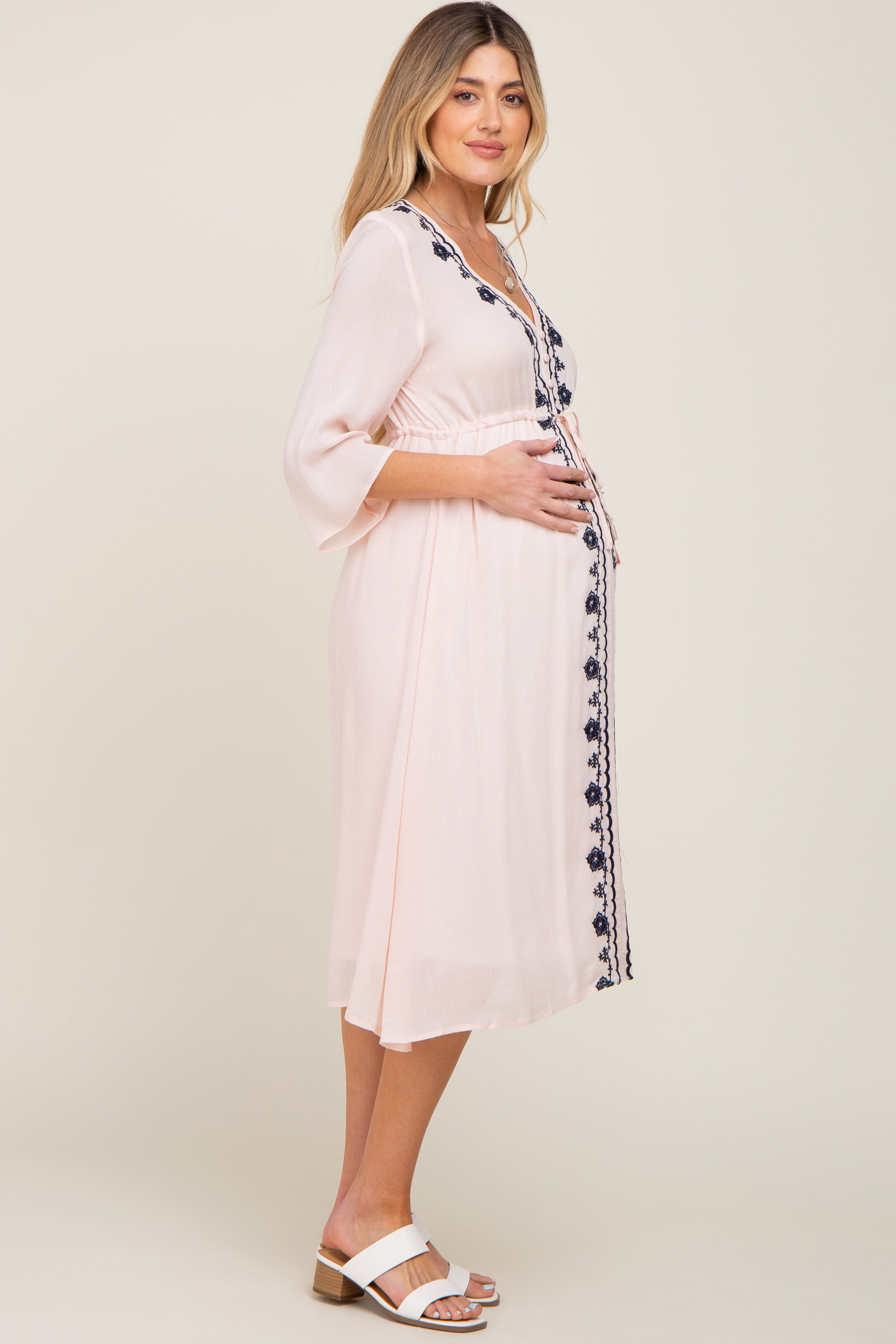 Light Pink Floral Embroidered 3/4 Sleeve Maternity Midi Dress PinkBlush