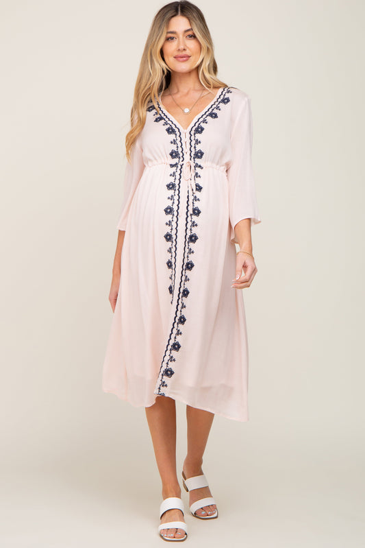 Light Pink Floral Embroidered 3/4 Sleeve Maternity Midi Dress PinkBlush