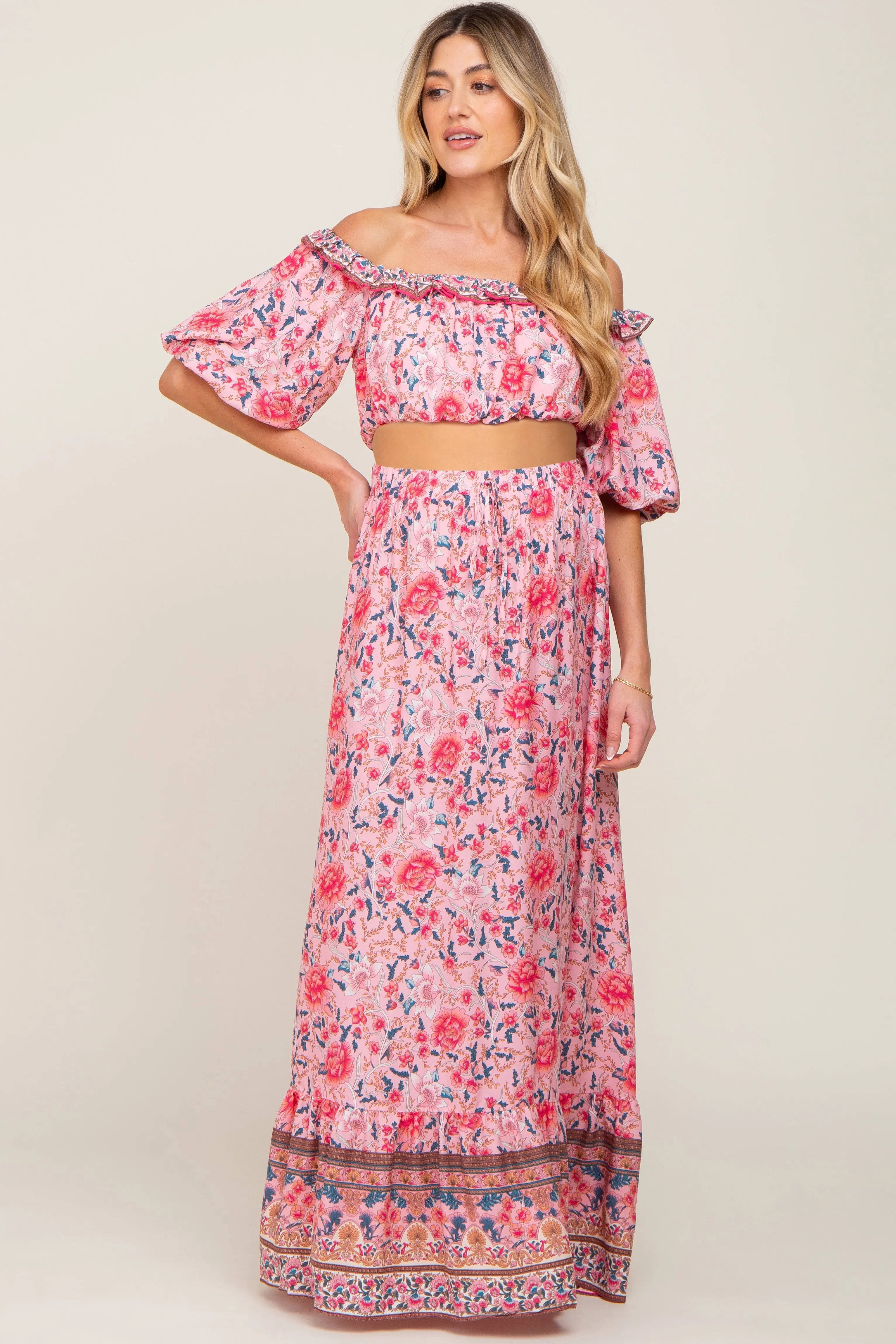 Pink Floral Off Shoulder Maternity Maxi Skirt Set PinkBlush