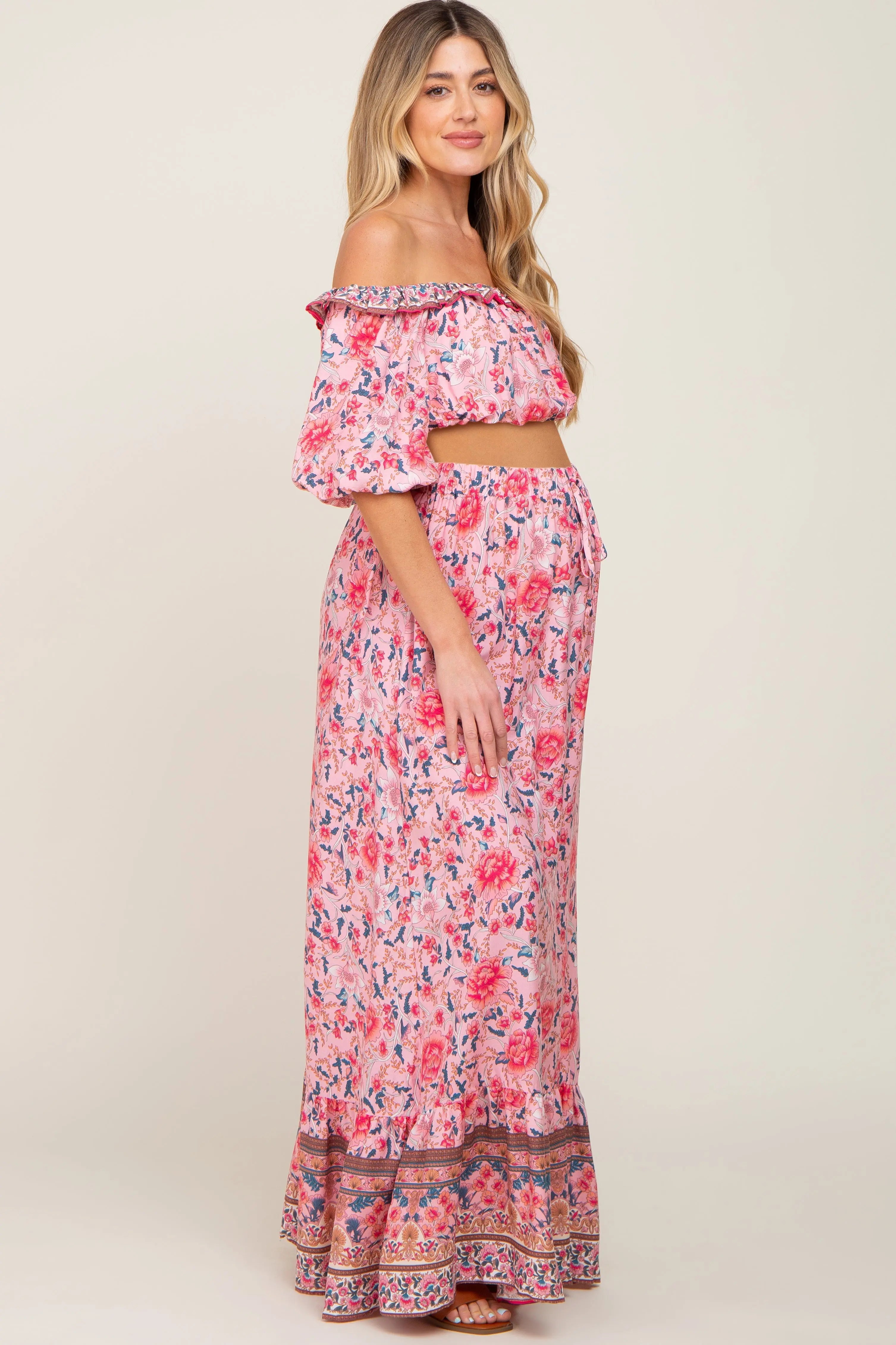 Pink Floral Off Shoulder Maternity Maxi Skirt Set PinkBlush