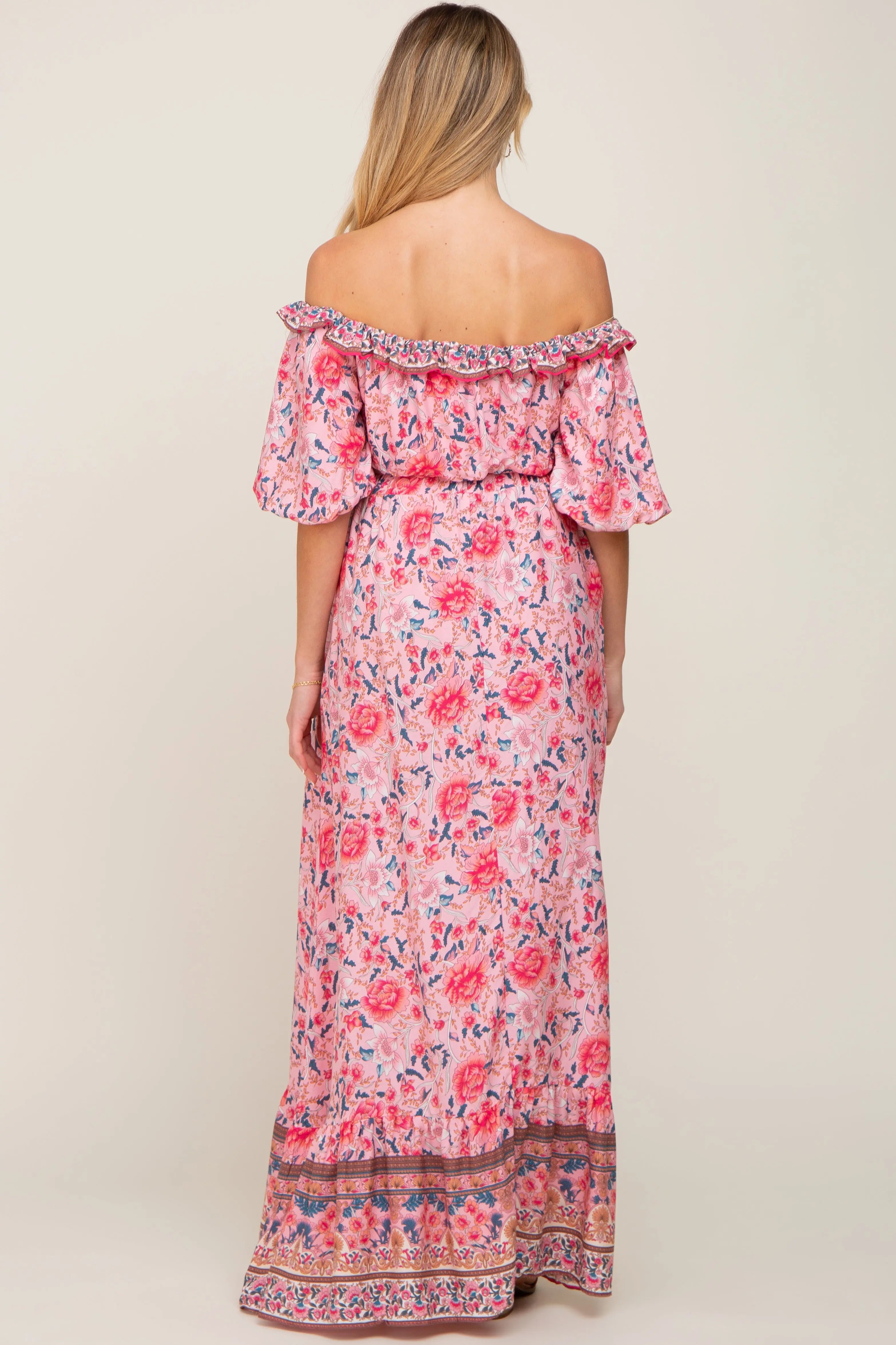 Pink Floral Off Shoulder Maternity Maxi Skirt Set PinkBlush