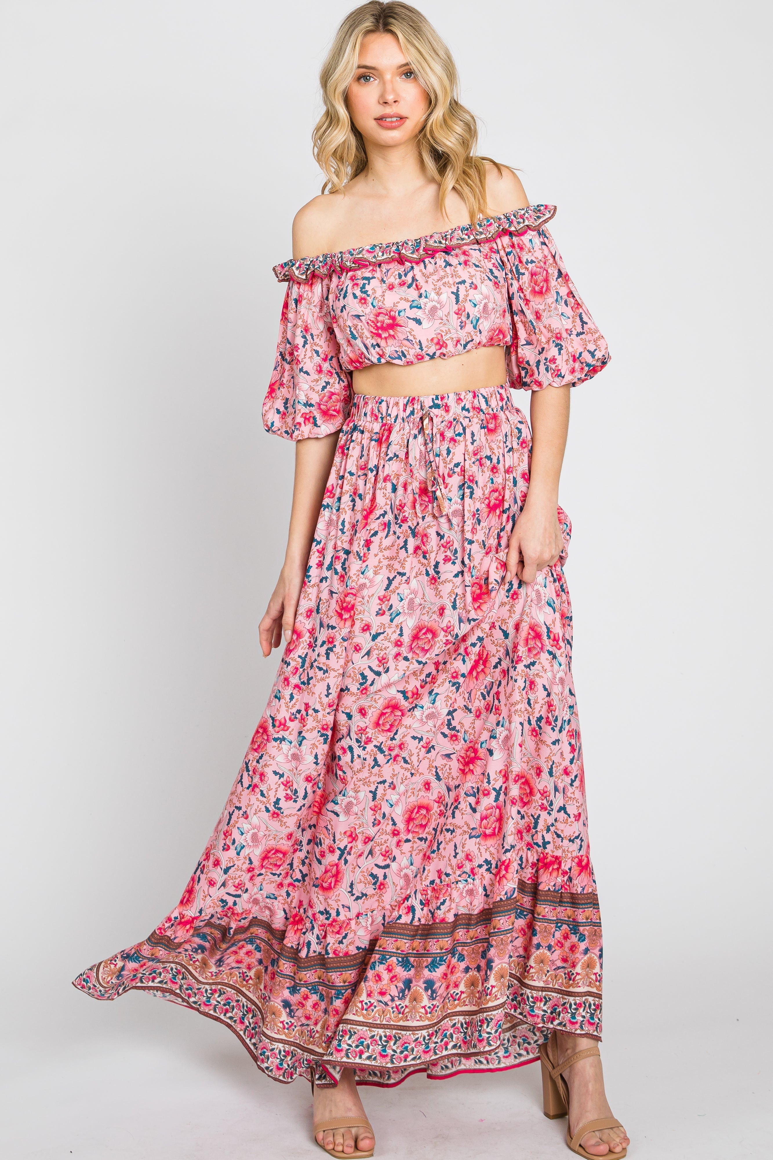 Pink Floral Off Shoulder Maxi Skirt Set PinkBlush