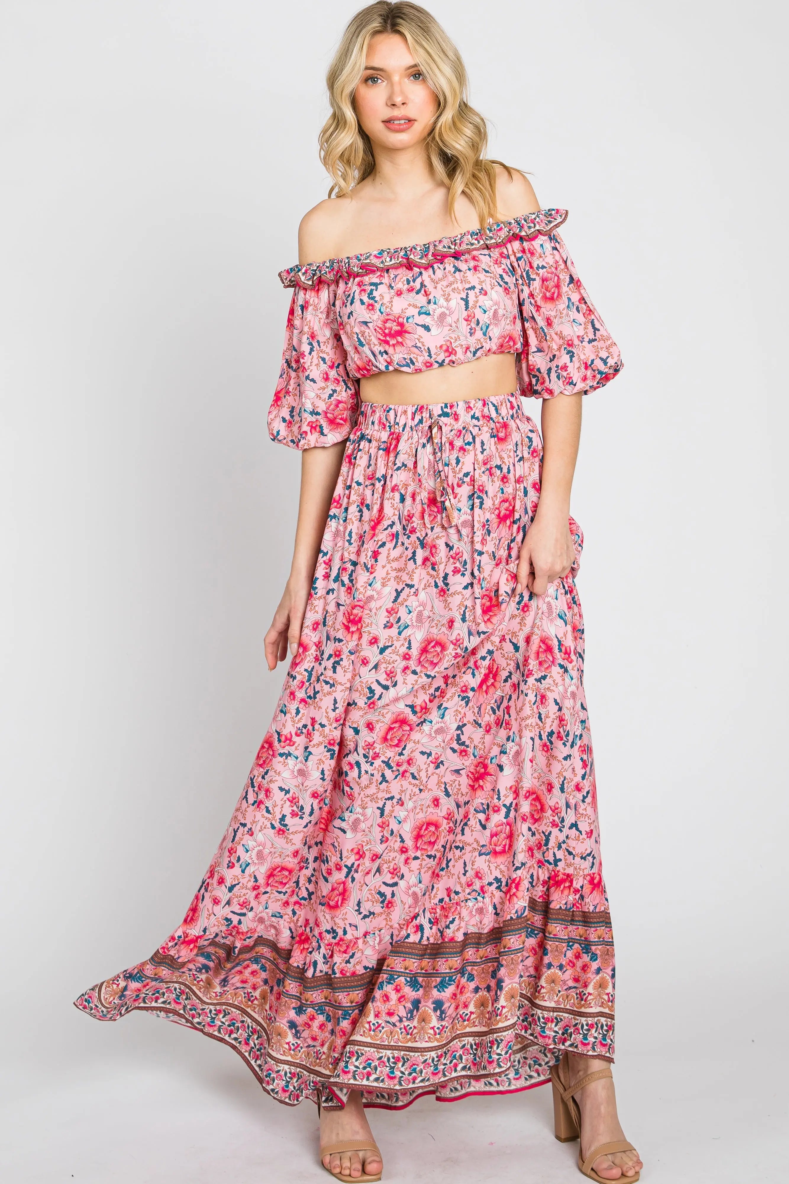 Pink Floral Off Shoulder Maternity Maxi Skirt Set PinkBlush