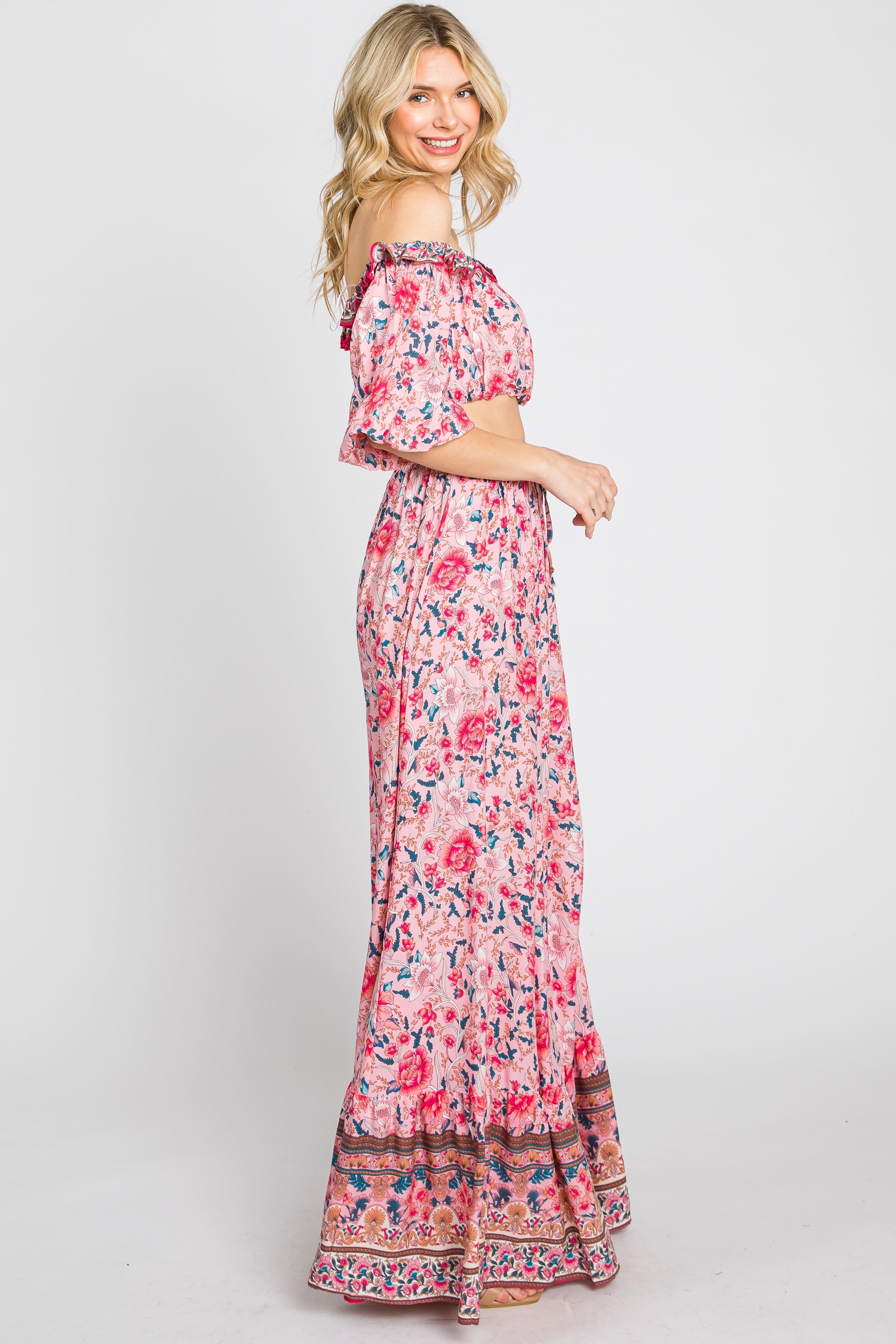 Pink Floral Off Shoulder Maxi Skirt Set PinkBlush