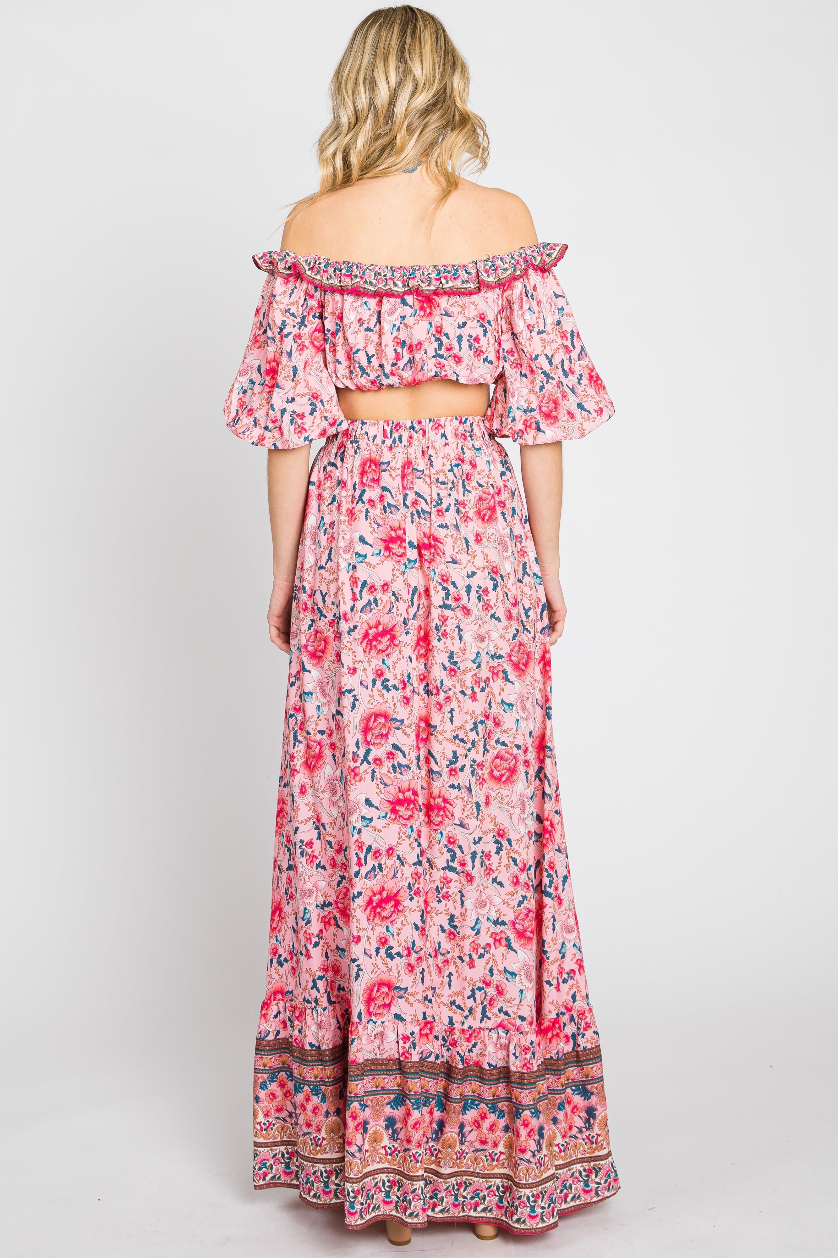 Pink Floral Off Shoulder Maxi Skirt Set PinkBlush