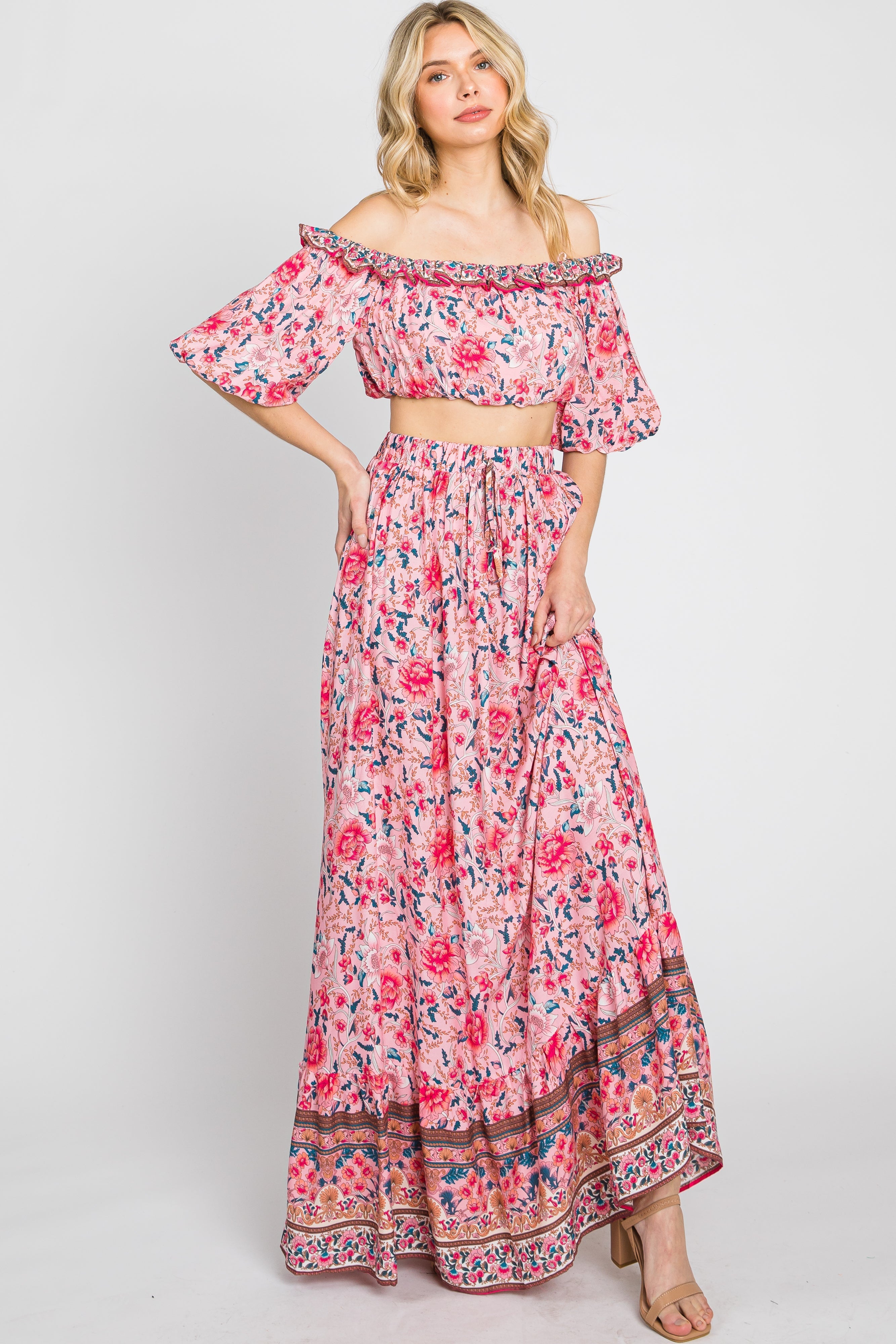 Pink Floral Off Shoulder Maxi Skirt Set PinkBlush